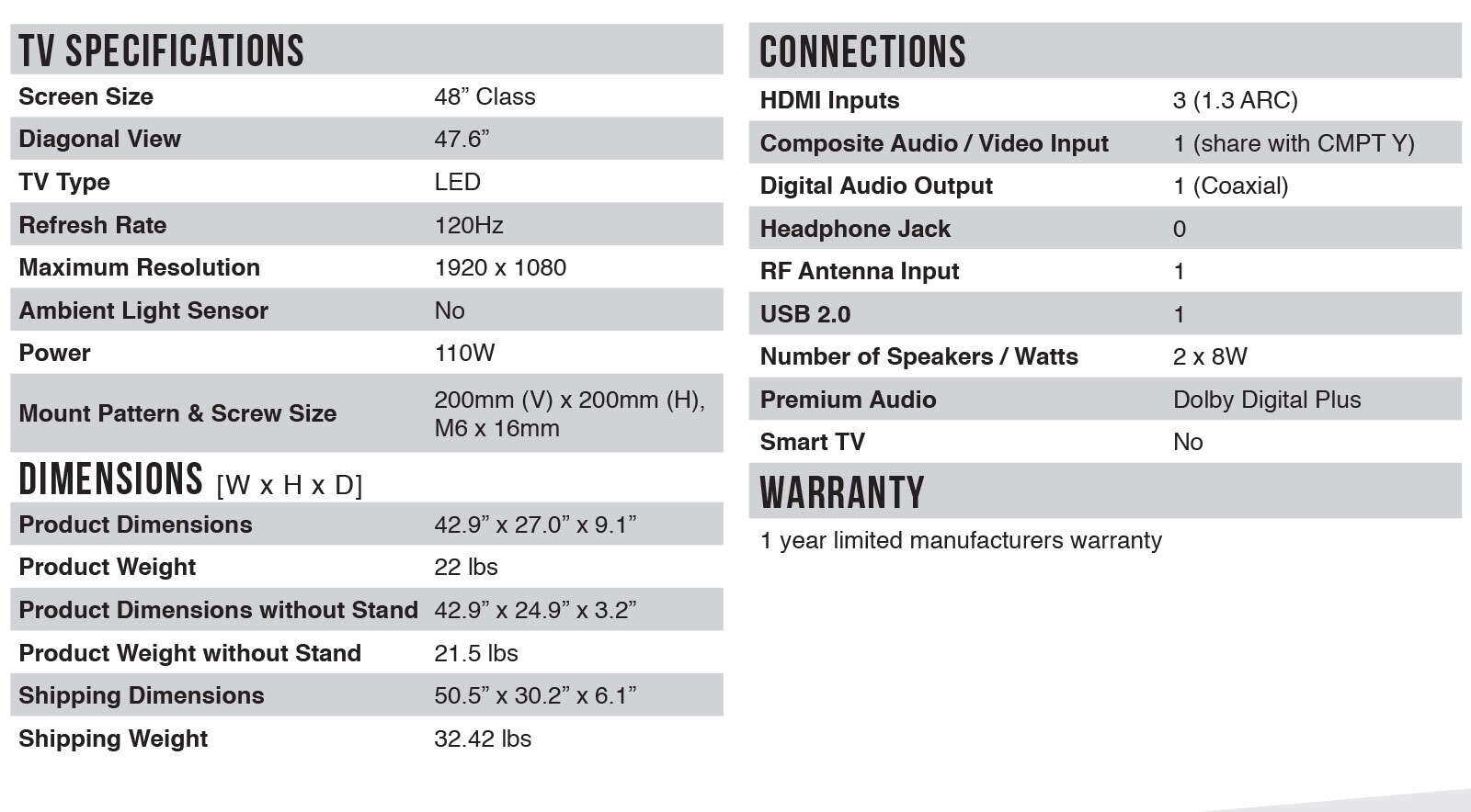 48D2700 Spec Sheet